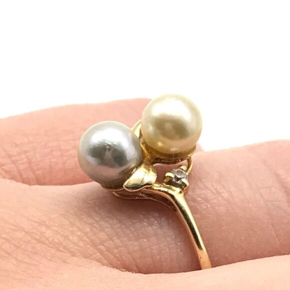 14k Solid Yellow Gold Double Pearl Diamond Accent Band Ring Size 6 - Picture 6 of 6